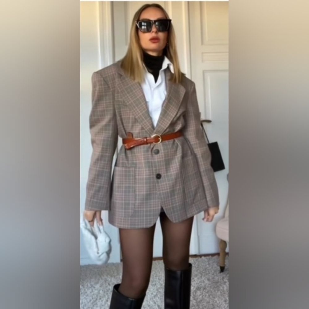 Zara Brown Plaid Single-Breasted Blazer